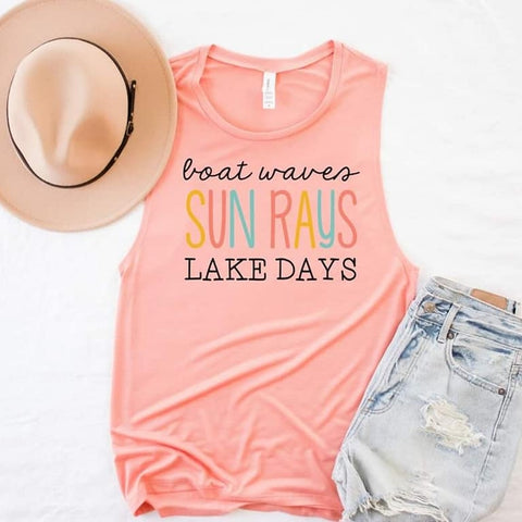 Boat Waves Sun Rays Lake Days Ladies Tank