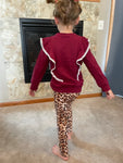 Maroon Ruffle Long Sleeve and Leopard Pant Set