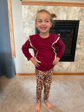 Maroon Ruffle Long Sleeve and Leopard Pant Set