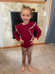 Maroon Ruffle Long Sleeve and Leopard Pant Set