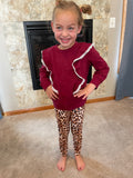 Maroon Ruffle Long Sleeve and Leopard Pant Set