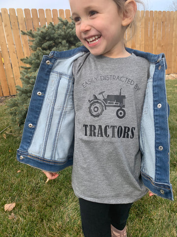 Easy Distracted By Tractors Grey Tee