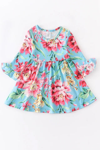 Mint And Music Floral Dress w/ Ruffle Sleeve